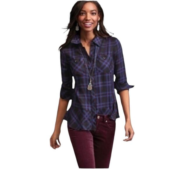 Cabi Moody Blue Long Sleeve Button-Down Plaid Peplum Shirt Size S - Picture 1 of 6